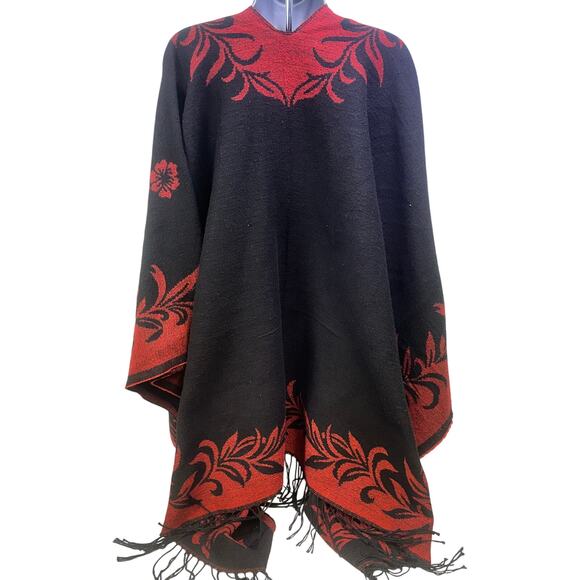 Cashmere Feel Boho Wrap Shawl Reversible Black Red Floral Black Fringe Soft Warm - Picture 7 of 8